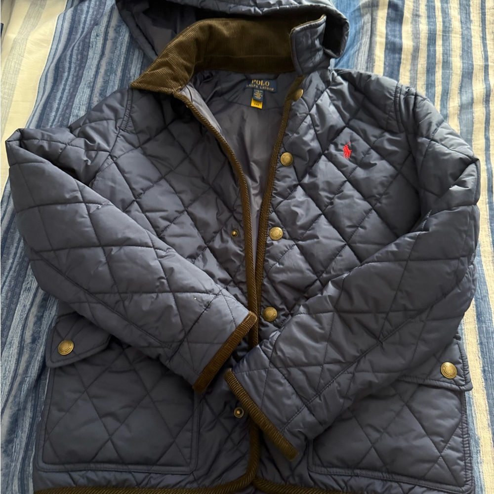 Ralph Lauren Blue Quilted Jacket with Brown Trim
